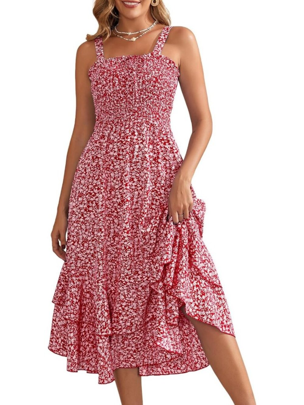 Lyrur Women’s Summer Boho Floral Maxi Dresses Square Neck Smocked Double Tiered